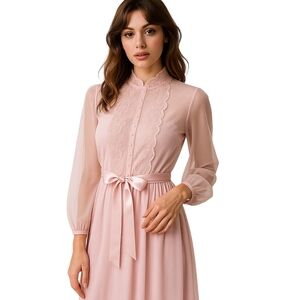 VINTAGE Pink Lace Sheer Dress Womens Medium High Neck Bow Romantic Fairy 70s